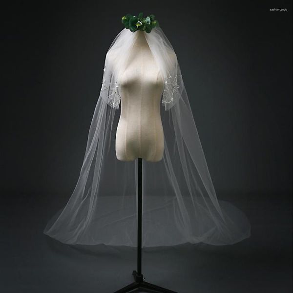 Véu de noiva 2 camadas véu de casamento com pente costurado de strinstone flores compridas estilo Catedral Estilo Bride Head Acessório Cut Edge