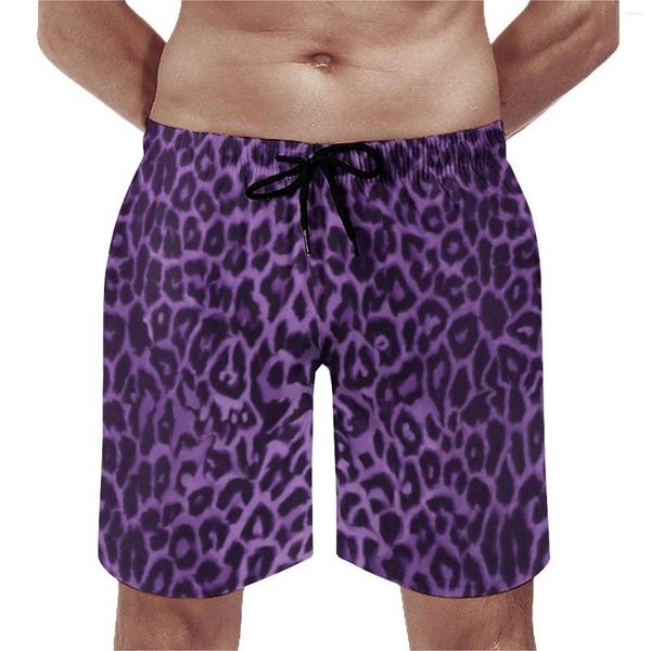 Shorts masculinos Placa de impressão de animais Padrão de leopardo roxo Casual calça curta masculina roupas esportivas masculinas secagem rápida tronco de natação
