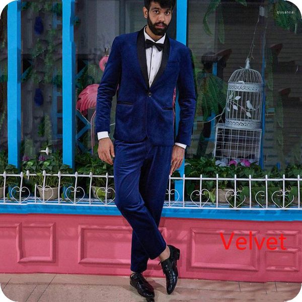 Erkekler Retro Kraliyet Mavi Sigara Sigara Damat Smokin Erkekler Düğün Siyah Şal Yüzü İnce Fit Adam Blazer Ceket 2 Parça Pantolon Kostüm Homme