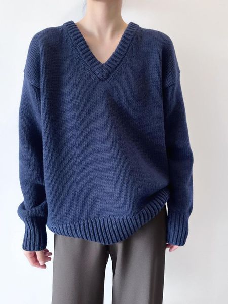 Sweaters femininos de alta qualidade azul azul em V para lã de lã de lã de lã vintage Mulheres de cashmere Mulheres tops solto 2023 Pullover de mola de outono