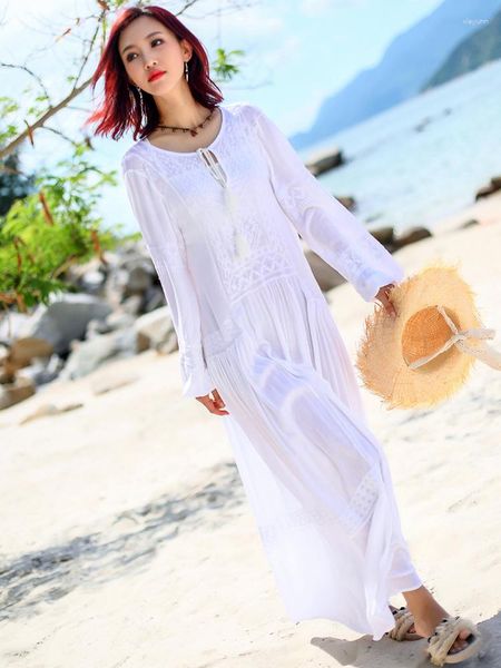 Lässige Kleider Khalee Yose Vintage Boho Maxi Kleid weiße V-Ausschnitt Quasten Schnürung langer Laternenhülle Frauen Rüschen Urlaub Damen Damen