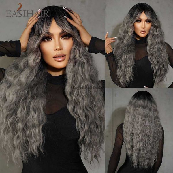 Синтетические парики Easihair Silver Grey Kinky Curly Long Synthetic Wigs с взрывом для черных женщин ежедневной вечеринки натуральные теплостойкие фальшивые волосы HKD230818