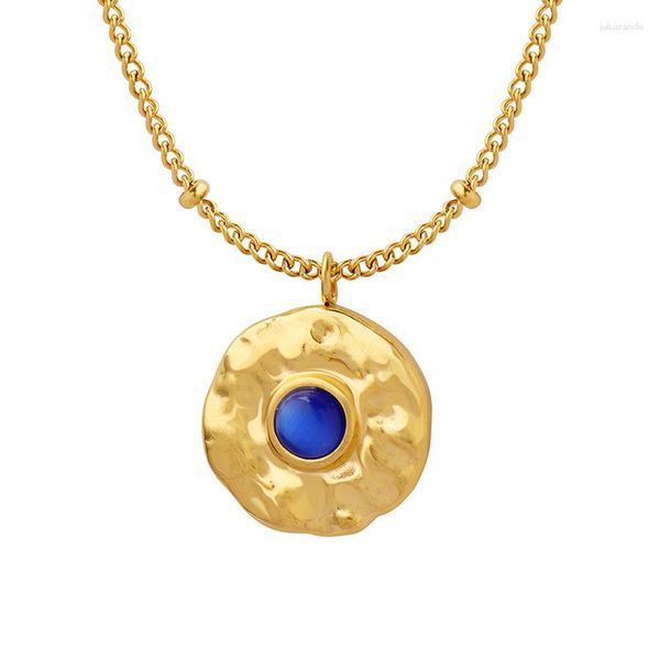Anhänger Halsketten PVD 18K Gold plattiert Edelstahl runden Blau Cateye Stein für Frauen wasserdichtes Kragen Mode Schmuck Geschenk