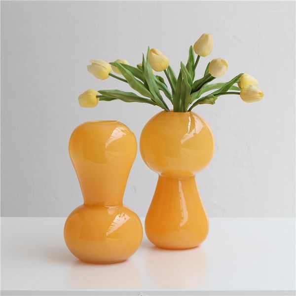 Vasos Minimalista nórdico Vaso de vidro laranja Ornamentos da sala de estar Tabela de jantar arranjo de flores Art Acessórios de decoração de casa