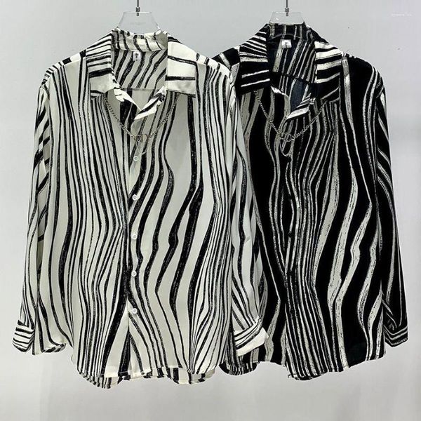 Camicie casual maschili da uomo Shibra zebra in bianco e nero Stampa a strisce a strisce fredde camicette fresche grafiche a maniche lunghe Y2K Tops di grandi dimensioni A140