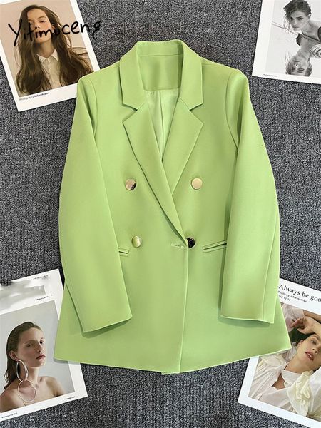 Kadın Suit Blazers Yitimuceng Kadınlar Yeşil Ceketler İlkbahar Yaz Moda Ofisi Bayanlar Zarif Katlar Günlük Çift Kruvaze Dış Giyim 230817
