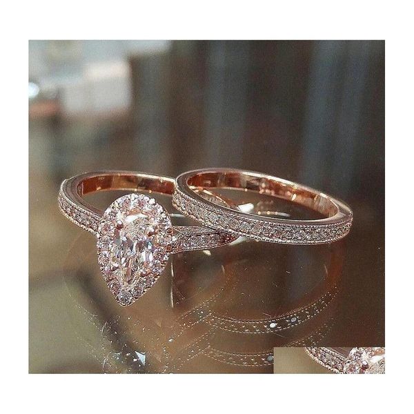 Anelli di banda Fashion Rose Gold Design 2pcs CZ Women Engagement Ring Set Drop Delivery Gioieri DHDZS DH0XB