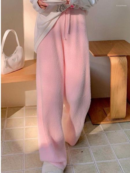 Женские брюки 2023 Осенний зимний вязаный вязаный минк бархат корейский сладкий розовый розовый высокая талия с широкими брюками Harajuku Y2K.