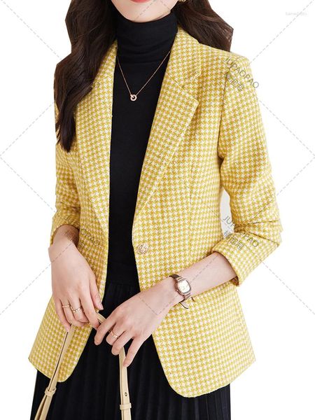 Frauenanzüge rosa grau gelber Plaid Ladies Casual Blazer Jacke Frauen Frauen Langarm Single Knopf Schlanker Herbst Wintermantel