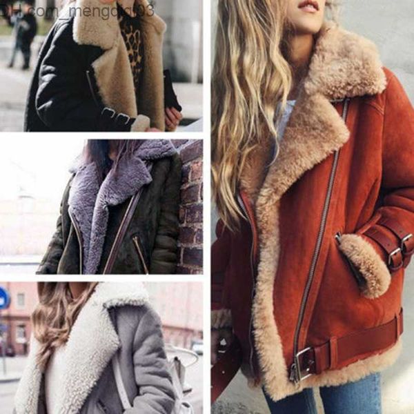 Jaquetas femininas Lambs femininas casaco de lã Casaco de couro inverno mulheres grossas mulheres lapela casaco de pele Tops Z230818