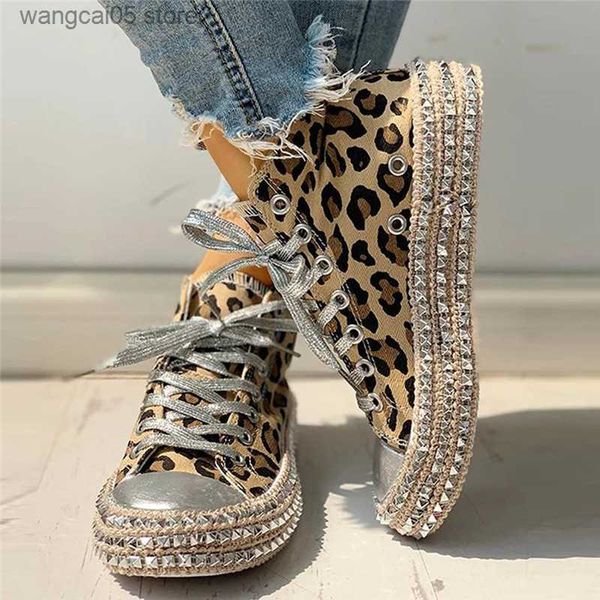 Scarpe eleganti Comemore Women Women Leopard Canvas Scarpe casual Lace-Up Sneakers High Top Basket Fema