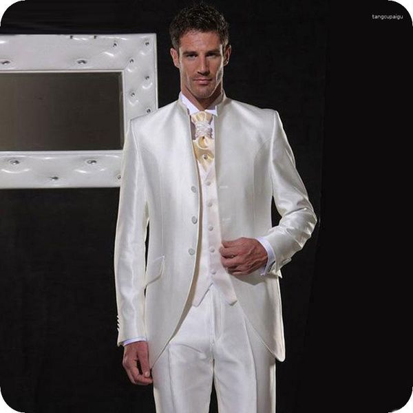 Erkekler Suits Vintage İtalyan Beyaz Erkekler Düğün İnce Fit Adam Blazer Stand Kapu Kostüm Homme Ceket 3 Parantılı Pantolon Yelek Damat Smokin