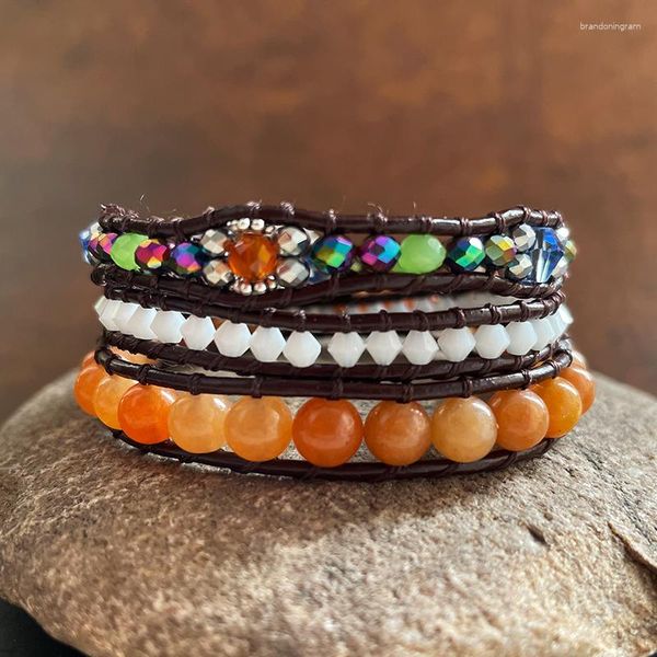 Bracelets de charme 4Unik Top Quality Aventurine Crystal Contas de couro Bracelete vintage Teave handmade Drop4Un-B342