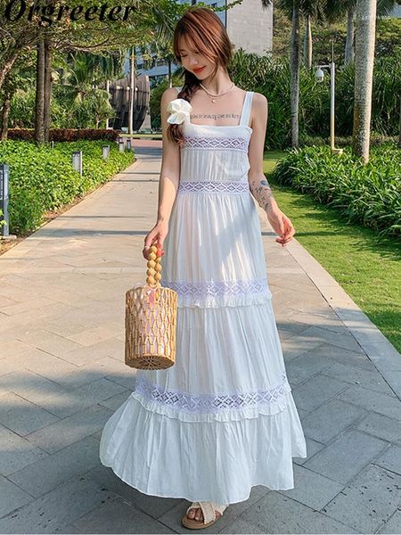 Lässige Kleider sexy Spaghetti -Gurt Boho Kleider Vintage ärmellose Spitze Patchwork Maxi für Frauen Vestidos Midi Holiday White