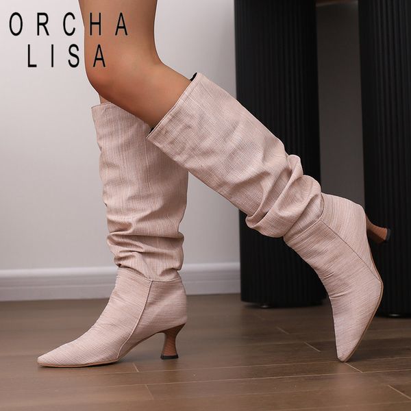 Boots Orcha Lisa Knee Knee High Poeted Uslay Salto de 55 cm de deslizamento em plissado plus size 47 48 Fashion Party Women Booties 230817