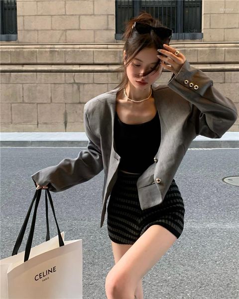 Frauenanzüge Iyundo Korean Chic CLAME GRAY Blazer Jacke Wmen Tops Langarm u Hals Nische elegante weibliche Kleidung Dongdaemun Loose Mantel