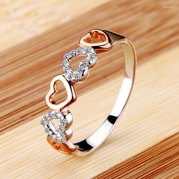 Clusterringe Kristall Weibliche kleine Roségold -Herzring Real 925 Sterling Silber Hochzeit Versprechen Liebe Engagement für Frauen