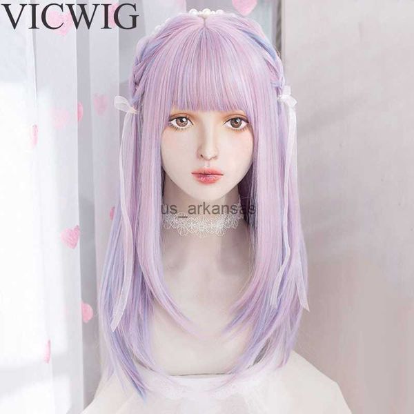 Синтетические парики Vicwig Lolita Wig Synthetic с челкой для женщин длинные прямые розовые фиолетовые волосы парик для париков для теплостойки HKD230818