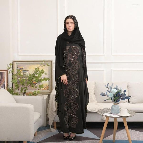 Muslin de roupas étnicas Abaya Bat Logo Mangas compridas Dubai Islã Chiffon Diamond Pattern Pattern Feminino Vestido Feminino Robô de Banda Árabe