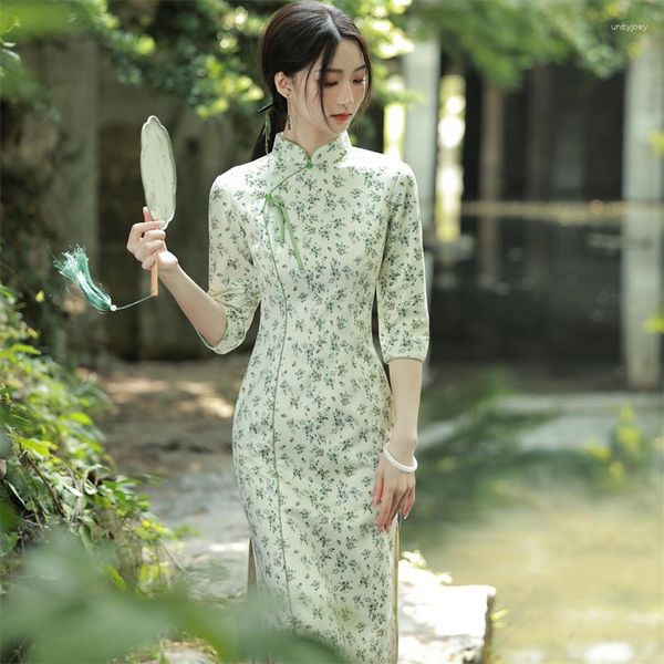 Ethnische Kleidung hellgrün cheongsam Vintage losen Ärmel Chinesisches traditionelles Kleid Slim Frau Long Qipao Vestidos de Mujer