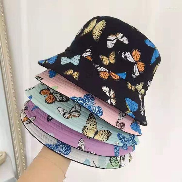 Berets Butterfly Print doppelseitiger Fischer Hut Frühlings- und Sommerversion Face Cap Sonnenschutzmittel Sonnenhüte für Frauen Mann