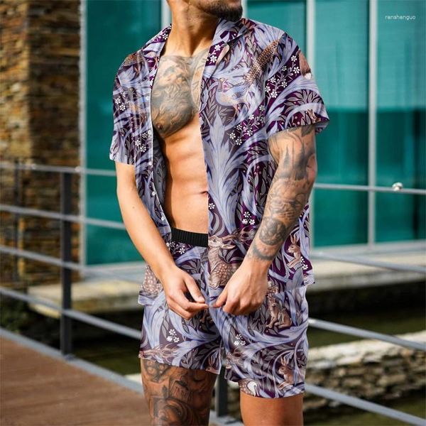 Os trajes masculinos chegam a moda de camisa da praia havaiana de 2 peças 2 homens cetim estampas de cetim Sleeve casual s-6xl