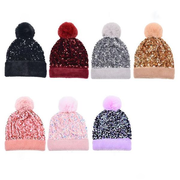 Beanie/Schädelkappen Frau Straße Pailletten Gestrickte Beanie Hut Damen Pelzball Mode Dicke Winterhüte Wollmütze Verdickt Warm Abnehmbarer DHCSC