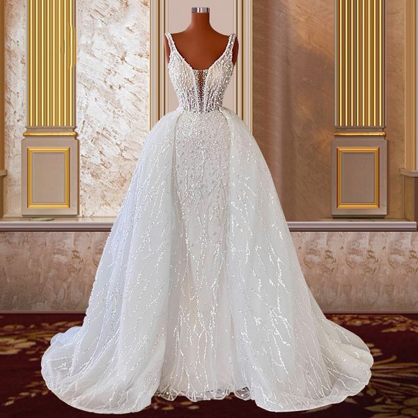 Свадебное платье русалки с полным жемчугом с съемной юбкой Deep V Sect Cride Beadred Bridal Whonds Женщины 2023 Главы De Mariee vestidos de Noiva