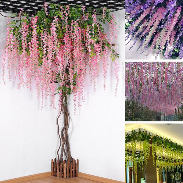 Simulierte Wisteria Blume Hochzeit Dekoration Galerie Deckenblume Streifen Seiden Stoff Blume Grüne Blatt Künstliche Blume