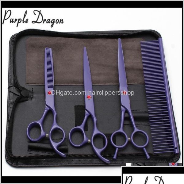 Tesoura de cabelo 4pcs 7 polegadas Dragão roxo cabeleireiro inoxidável para mascotas cortando tesouras de ritmo de groomingfordorgs de animais de estimação 2f6rs qccj0 dro dh9sb