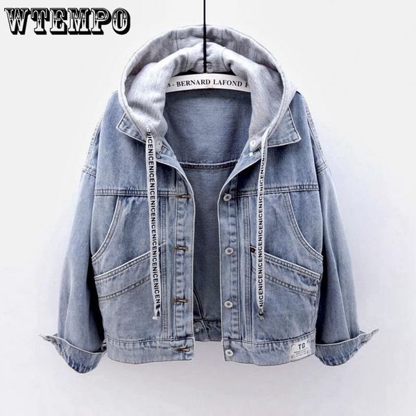 Damenjacken Wtempo Frauen Spleiß Spleiß Hoodie Draw String Long Sleeve Denim Mantel Button Down Hoody Blau Schwarz Jean Spring Herbst Outwear 230817