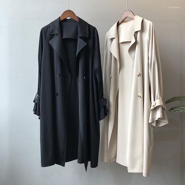 Trench da donna 2023 Coat sottile lungo Donne Spring Autumn Black Apriconte di albicocche Lady Solido Mantello sfollato Overboca