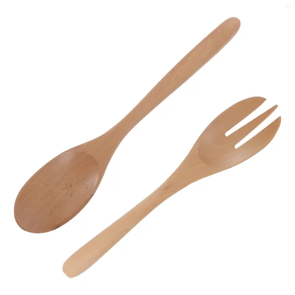 Garfos 1 conjunto 2pcs salada utensílios de madeira colher e servidores de garfo cor de madeira