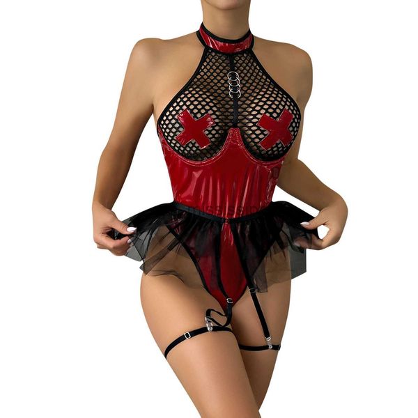 Sexy Set Heiße Erotische Dessous Für Frauen Sexy Body Teddy Leder Mesh Patchwork Unterwäsche Für Sex Porno Kostüme Lenceria para Damas x0818