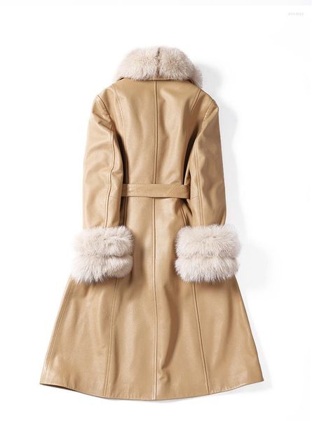 Jaqueta de couro feminina Mulheres genuínas de colarinho de pêlo real Long Sheepskin Coat feminino Autumn Winter Down Jackets Abro2023