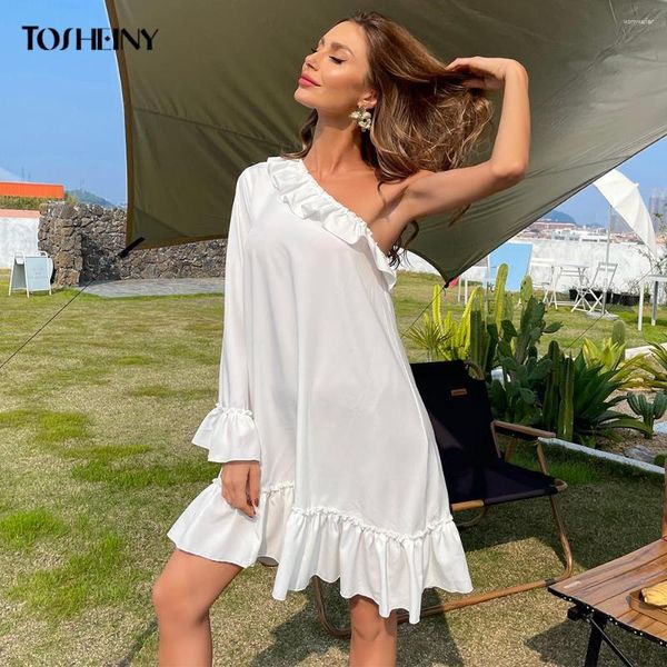 Lässige Kleider Tosheiny Sommer Asymmetrische Rüschenhülle Frauen Kurzkleid Rückenless One Schulter Elegant Unicolor White Mini Beach