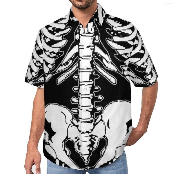 Herren lässige Hemden Halloween Skeletthemd Ripp Cage und Becken Spooky Urlaub losen hawaiianischen Trendblusen Kurzarm Kleidung