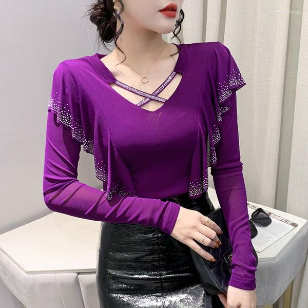 Camisetas femininas 2023 Autumn Mesh T-shirt gaze Moda Round Pesh Neck Hollow Out Bread Blusas de Slusas de Selvadinha V Long