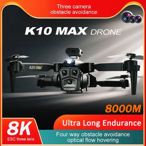 Drone Mini 8K HD ESC PROFISSIONAL APERIAL PROFISSIONAL Três câmeras de quatro vias Evitar o fluxo óptico Posicionamento de fluxo óptico FPV DRON KAMERA ILE RC Quadcopter UAV K10 Max