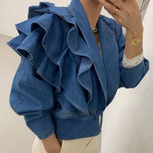 Mulheres jaquetas ardm coreano chique vintage plissado em camadas design cintura fechada curto denim jaqueta feminina lapela senhora do escritório jean casaco outerwear