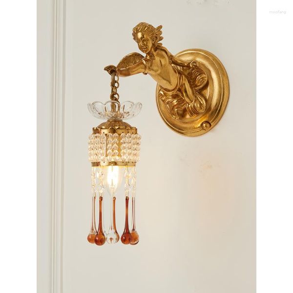 Lâmpada de parede francesa todos o cobre europeu de luxo de cristal sconce bedrowside villa angel pingente clássico