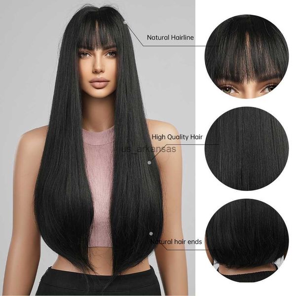 Sentetik peruklar easihair uzun ipeksi düz sentetik peruklar patlamalar siyah cosplay lolita günlük saç perukları için kadınlar için ısıya dayanıklı fiber hkd230818