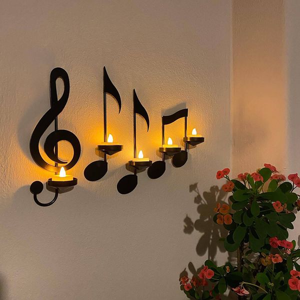 Titulares de velas portador de velas Black Music Note Wall Sconce Candlestick Ornamentos decorativos Metal Modern Home Decoration Acessórios 230817