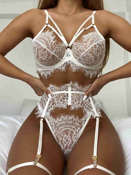 Sexy Set Lingerie erótica Sexy Roupa Lace Hollow Out Transparent Exotic Sets Sensual Underwire Bra and Panty Set With Garters 230808