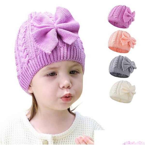 Beanie/Totenkopfkappen Mode Straßenhüte Baby Mädchen Junge Gestrickte Turban Bogen Hut Kleinkind Kinder Kopf Wrap Stirnband Solide Candy Farbe Kappe Drop Dhv0P