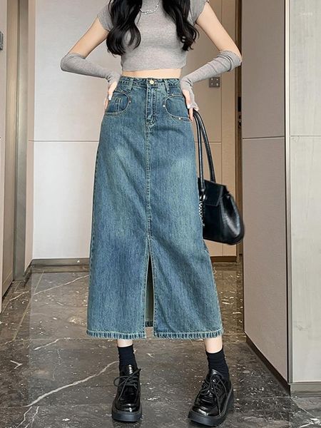 Röcke ftlzz sommer Casual Women Empire Slim Split Long Denim Rock Vintage Lady High Street Bodycon Skrit