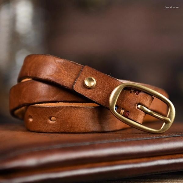 Cintos retro estreito estreito couro genuíno cinturão feminino de cobre puro botão de cobre ocidental estilo cowboy jeans versátil moda feminina