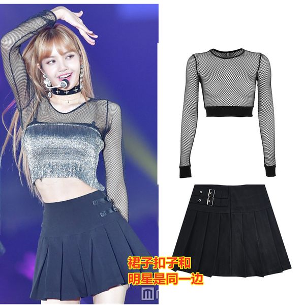 Платье с двумя частями Kpop Corean Celebrity Sexy Sequin Sling Propecty Perspective Mesh Tshirts Topsblack Slim High Wist