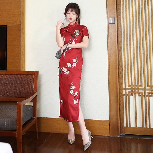 Ethnische Kleidung rot Vintage Qipao Langes Satinabdruck sexy Slim Fit Cheongsam Retro Chinesische traditionelle Kleidershow Elegante Party Plus Größe