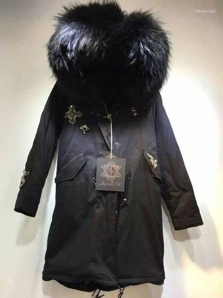 Kadın Kürk Tasarımı Boncuk Ordusu Yeşil/ Siyah Parka Hooded Mr Furs Ceket Mrs Raccoon yaka ceket